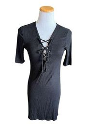 Womens Ambiance Apparel Black Ribbed Criss Cross Detail Bodycon Dress - Sz L