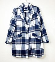 Melloday Blue Blkivry Plaid Woven One Button Notch Lapel Long Wool Blend Jacket