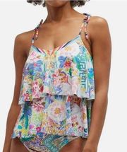 Johnny Was Tie Tankini Swim Top Ruffled V-Neck Floral Multi Size Small NWT