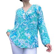 Lilly Pulitzer 100% Silk Long Balloon Sleeve Tropical Elsa Blouse Large