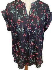 Jon and Anna Contemporary Black Floral Short Sleeve V-Neck Blouse Size X-Large-N