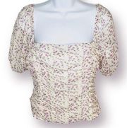 Et Clet Floral Ruched Square Neck Short Sleeve Top Cream Purple M