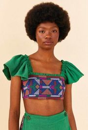 Embroidered Green Ruffle Sleeve Square Neck Crop Top Size L
