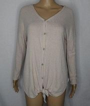 Kori Button Up Waffle Knit Thermal Tie Front Shirt Top Medium Light Cream