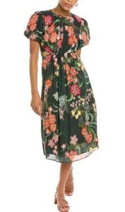 Walter Baker Wanita Rain Forest Green Floral Puff Sleeve Midi Dress Size S NWT