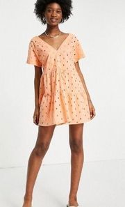 DESIGN Broderie V Front V Back Tiered Mini Smock Dress Orange