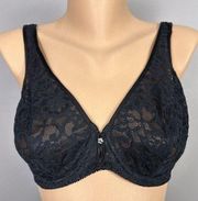 Vintage Delicates Bra 36C Black Lace Unlined Underwire Stretch Satin Sides