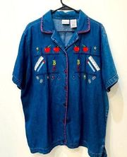 Bobbie Brooks Vintage School house teacher apple denim button up shirt size XL