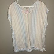 St. Tropez West linen pastel striped top fringe pom pom trim women’s size large