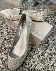 New Ann Taylor White Satin Rhinestone Silver Crystal Ballet Flats