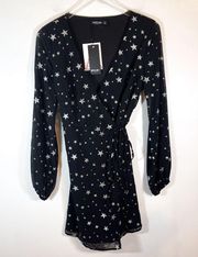 NWT Nasty Gal Enchanted Star Wrap Mini Dress Black Silver Long Sheer Sleeve Sz 6