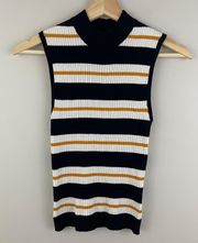 Black White Yellow Striped Retro Mock Neck Ribbed Sleeveless Tank Top