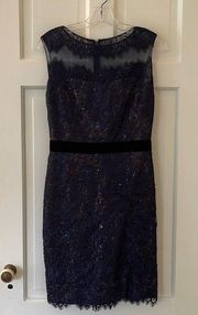 Marchesa Notte Blue Lace Sequin Midi Dress