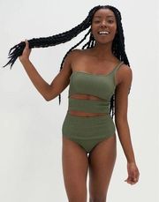 Aerie Crinkle Full Coverage One Piece Swimsuit One Shoulder Olive Small NWOT