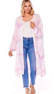 Mud Pie Kimono Duster Tuscany Pink White Tie Dye Balloon Long Sleeve Cover Up OS