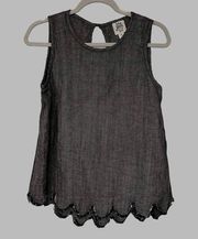 Ivy Jane Black Chambray Sleeveless Top with Scalloped Fringe Hem, Sz S