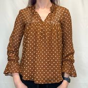 Mustard Seed Women's Polka Dot Blouse Rust Brown White S SM Small Sheer V Neck