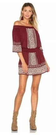 Tularosa Fiona Burgundy Off The Shoulder Embroidered Smocked Boho Dress Medium