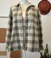 Cotton Sage Green Plaid Flannel Heavyweight Button Front Granola Shacket