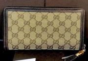 GUCCI Bamboo Zipper Pull GG Web Canvas and Leather Continental Wallet and Clutch