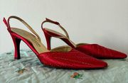 VTG 90s  Red Crystal Rhinestone Bedazzled Point Toe Slingback Heels