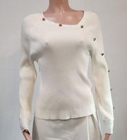 Milly Asymmetric Button Placket Ribbed White & Gold Sweater Sz L