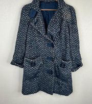 Diane Von Furstenberg Trente Pea Coat Size 0 Navy/Tan Chevron Wool Mohair Blend