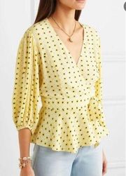 GANNI Anthropologie XS Floral Yellow Wrap Blouse