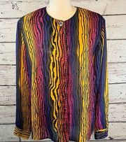 JORDAN Vintage 80's Blouse Colorful Wavy Stripes with Gold Braided Trim-Large