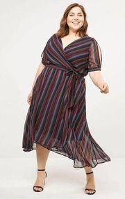 Lane Bryant Striped Faux Wrap Midi Dress 28 Black Blue Red Surplice V-Neck Lined