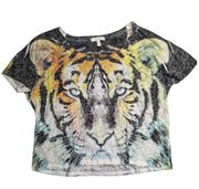 Vtg Y2K Delias Gray Orange Burnout Tissue Weight Tiger Graphic Cropped Tee S