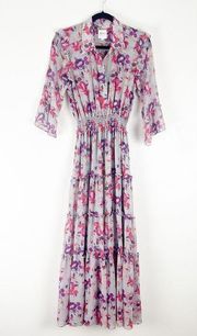 MISA Pamela Lilac Floral 3/4 Sleeves Smocked Waist Tiered Maxi Dress, Small