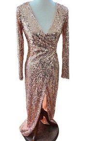 Sequin Wrap Dress Mermaid Size Medium Metallic Gold Discs Low V Wrap ROSE GOLD