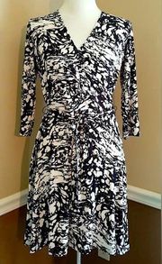 NEW Leota Black & Cream Print Faux-Wrap 3/4 Sleeve Stretch ModCloth Dress Large