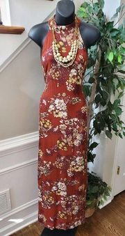 Anna Grace Women Brown Floral 100%Rayon Halter Neck Sleeveless Long Maxi Dress S