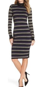 Eliza J Stripe Sequin Mock Neck Sweater Dress Size Small Black Silver Blue