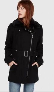 Women Short Wool Belted Coat Jacket With Faux Fur Collar XS Black