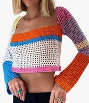 Y2k Women Long Sleeve Crop Top Crochet Knit Color Block Pullover Jumper Tops Loose Patchwork Shirts 90S Streetwear