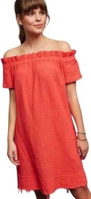 Anthropologie Amadi Off Shoulder Mini Dress Cotton Gauze Coral Red Womens Small