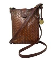 Vintage Brahmin Leather Crossbody Bag Basket Weave Chevron Brown Bucket Bag