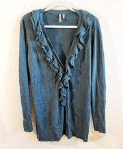 Caslon Cardigan Teal Ruffled Collar V Neck Button Front Sz L EUC Long Sleeves