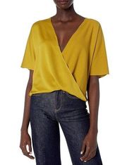 FRENCH CONNECTION Size 8 Alessia Satin Citron Wrap Top Short Sleeve