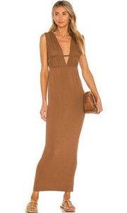 Ronny Kobo Charlie Gathered Driftwood Brown Sleeveless V-Neck Maxi Dress Small