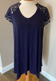 Navy Blue Short Sleeve Mini Dress w/ Lace Sleeves Women’s Size Large