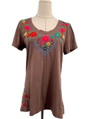 Johnny Was Embroidered T-shirt Womens Size Large Floral Bohemian Lightweight