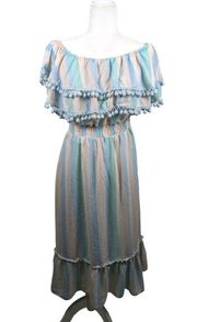 Aura Tiered Pom Pom Striped Multicolored Maxi Dress Scrunched Waist Size Medium