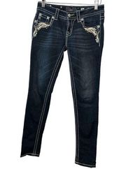 Miss Me Dark Wash Signature Skinny Jeans with Embellishments—Size 26