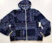 BP Womens Faux Shearling Jacket In Navy Paisley Bandana Patchwork Size Small