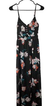 Candie's Black Floral Spaghetti Strap V-Neck Long Maxi Dress Women Sz XS