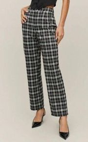 Reformation BLACK FRANKLIN CHECKED STRAIGHT-LEG TROUSERS IN BLACK WHITE TARTAN